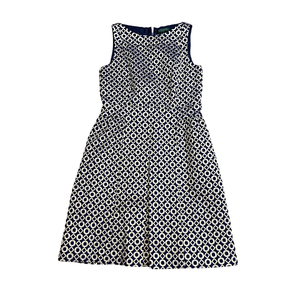 Lauren Ralph Lauren 8 Sleeveless Dress polyester Blend Gold Navy Lined Acetate